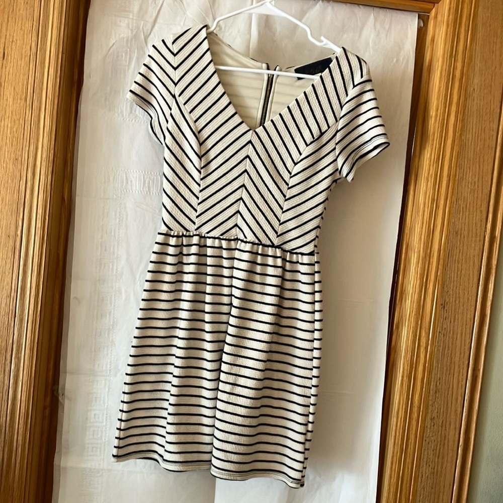 Blue Rain Women’s Black & White Fitted Sz M Striped Dress  Gold back Zipper